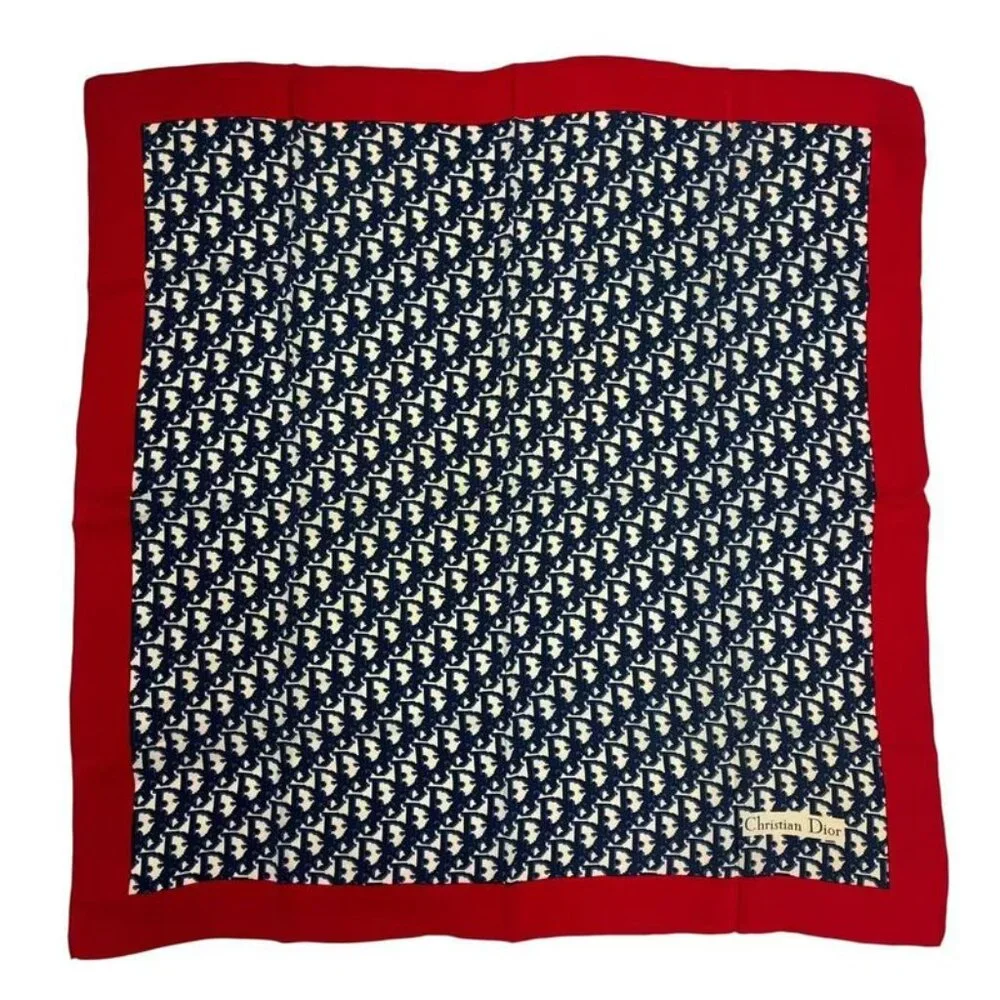 Dior Christian Trotter Pattern Silk Scarf Navy Red